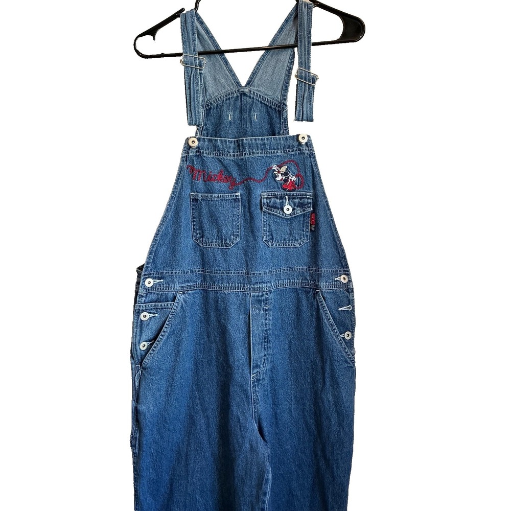 Vtg 90s Disney Mickey Unlimited Mouse Denim Overalls Retro Embroidered Sz XL